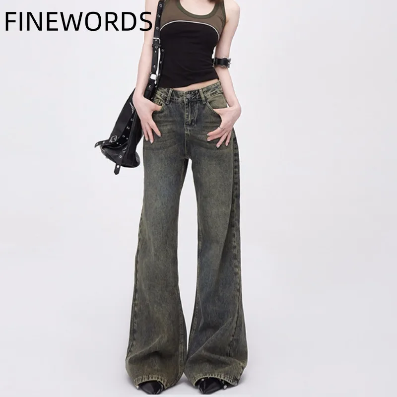 

FINEWORDS Vintage Washed Wide Leg Jeans Women Korean Casual High Waist Baggy Jeans Streetwear Full Length Harajuku y2k Jeans