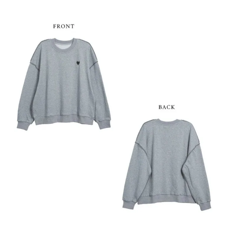 루즈핏 롱 스웨트셔츠 여성용 라운드 넥 하트 자수 어깨 드롭 디자인 한국 스타일 편안한 핏 스트리트웨어