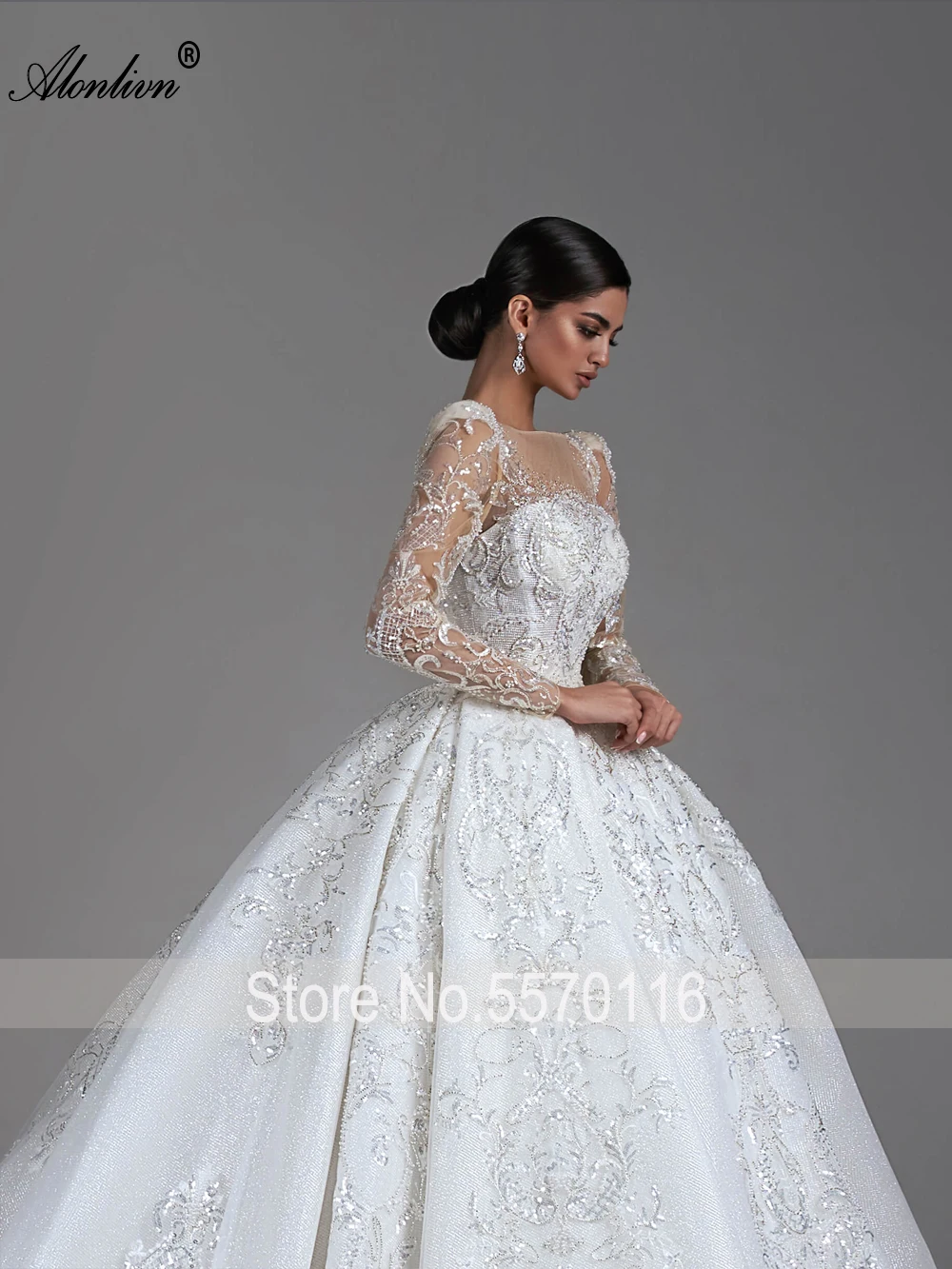 Alonlivn Luxury Ball Gown Wedding Dress Full Sleeves All Beading Pearls Appliques Lace Bridal Skirts With Button