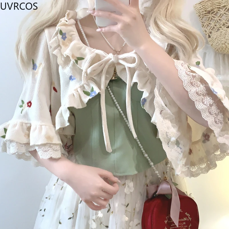 Kawaii Cute Lolita Style Short Cardigan Women Sweet Flower Ruffles Lace-ups Knitted Coat Korean Fashion Casual Crop Cloak Tops