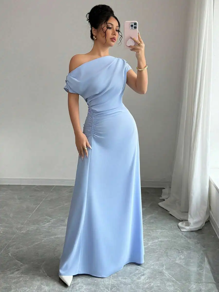 

Women's Light Blue Asymmetrical One-Shoulder Ruched Maxi Dress