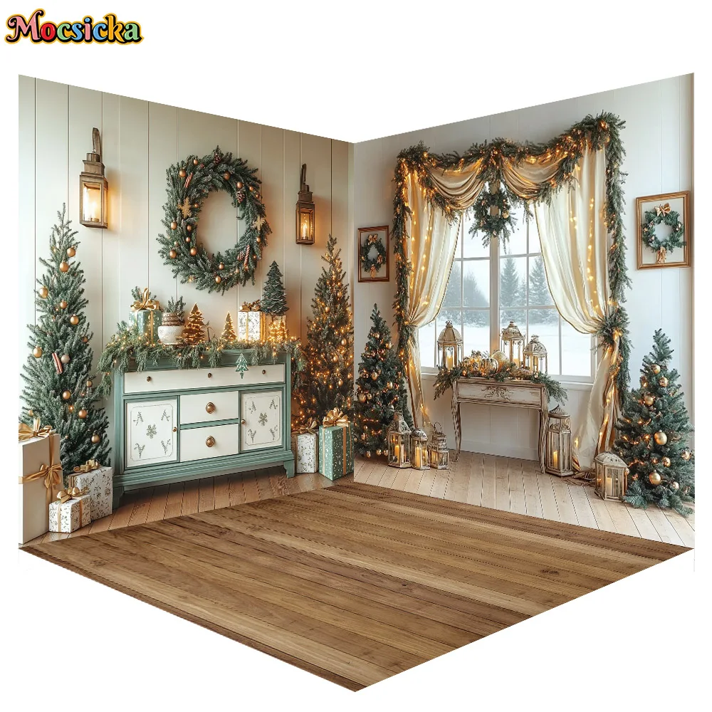 Mocsicka Fotografie Hintergrund 3D Weihnachten Zimmer Fenster Weihnachtsbaum Dekoration Hintergrund Familie Urlaub Porträt Foto Studio Prop
