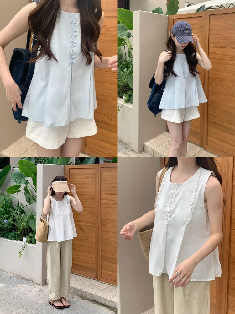 

Sweet Lace Trim Vest Blue White Svel Women's Clothing Small Size Friendly Comfortable Cotton Commute Sle Vest