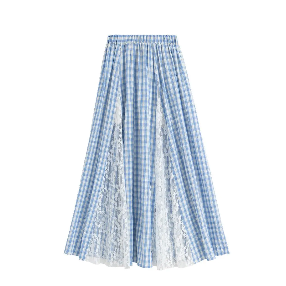 

Blue Plaid Splicing Lace Elegant Long Skirt Plaid High Waist Elastic Spring and Summer New Model Slimming Temperament Women
