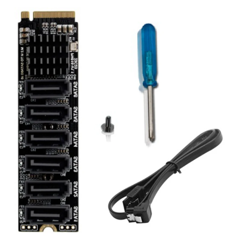 M.2 MKEY PCI-E Riser Card M.2 NVME To SATA3.0 PCIE To SATA 6Gpbsx6-Port Expansion Card ASM1166 Support PM Function