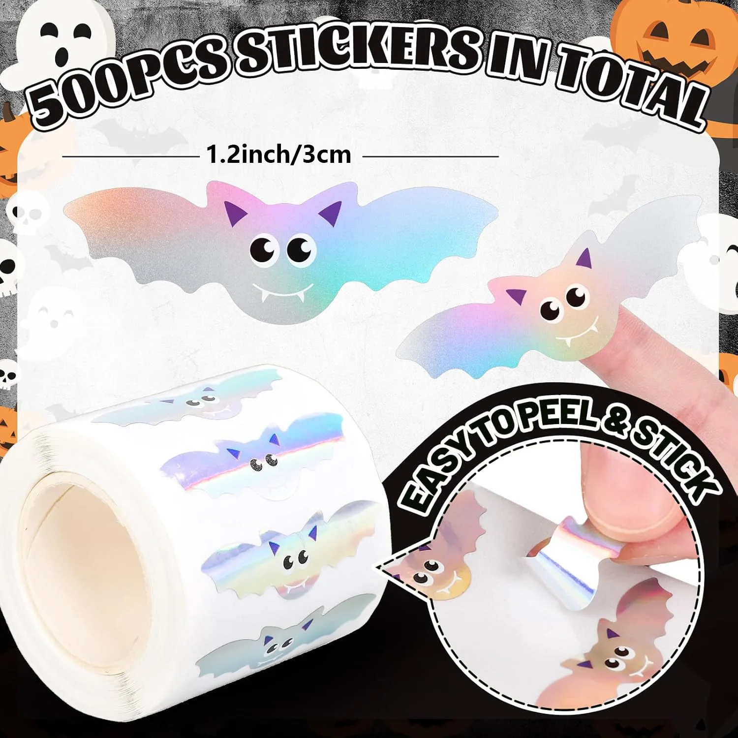500Pcs 1.2In/3Cm Cartoon Cute Bat-Shaped DIY Waterproof Stickers Glitter Label Stickers Halloween Party Envelope Scrapbook Decoration Packaging Label Stickers Glitter Bat Sticker Roll