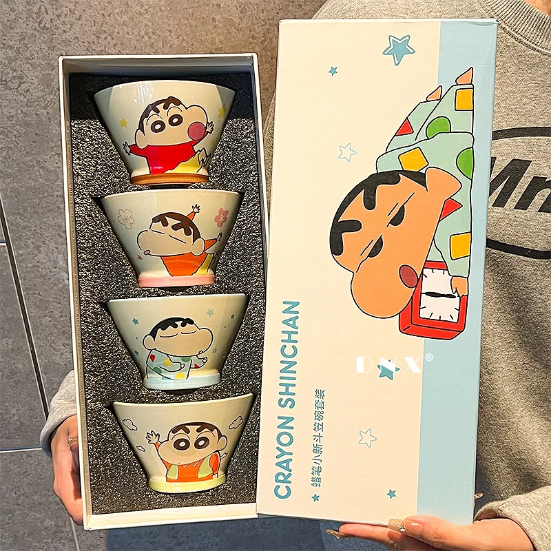 4Pcs Crayon Shin Chans Cartoon Ceramic Bamboo Hat Bowl 400Ml Kawaii Large Capacity Soup Bowl Rice Bowl Cute Dessert Bowl Gift