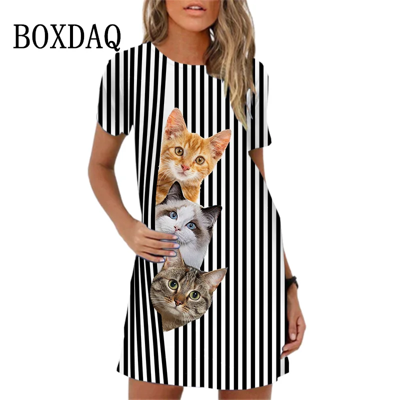 

New Women Summer Beach Sundress Elegant Sweet Cute Cartoon Cat Print A-Line Dress Loose Casual Short Sleeve O-Neck Mini Dress