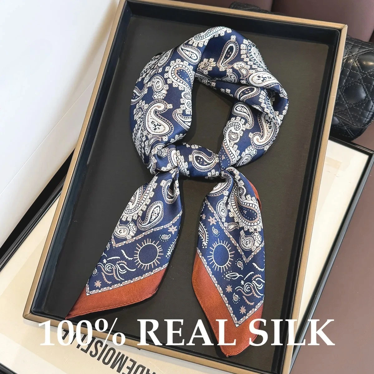 

65cm 100% Real Silk Square Scarf Women Hair Headscarf Hijab Paisley Print Luxury Silk Scarves Pashmina Hairband Foulard Bandana