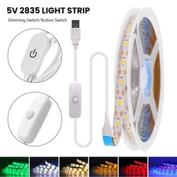 USB LED Strip com interruptor de toque regulável, TV Backlight, fita fita, sob a luz do armário, impermeável, flexível, cozinha, TV, SMD2835, 5V