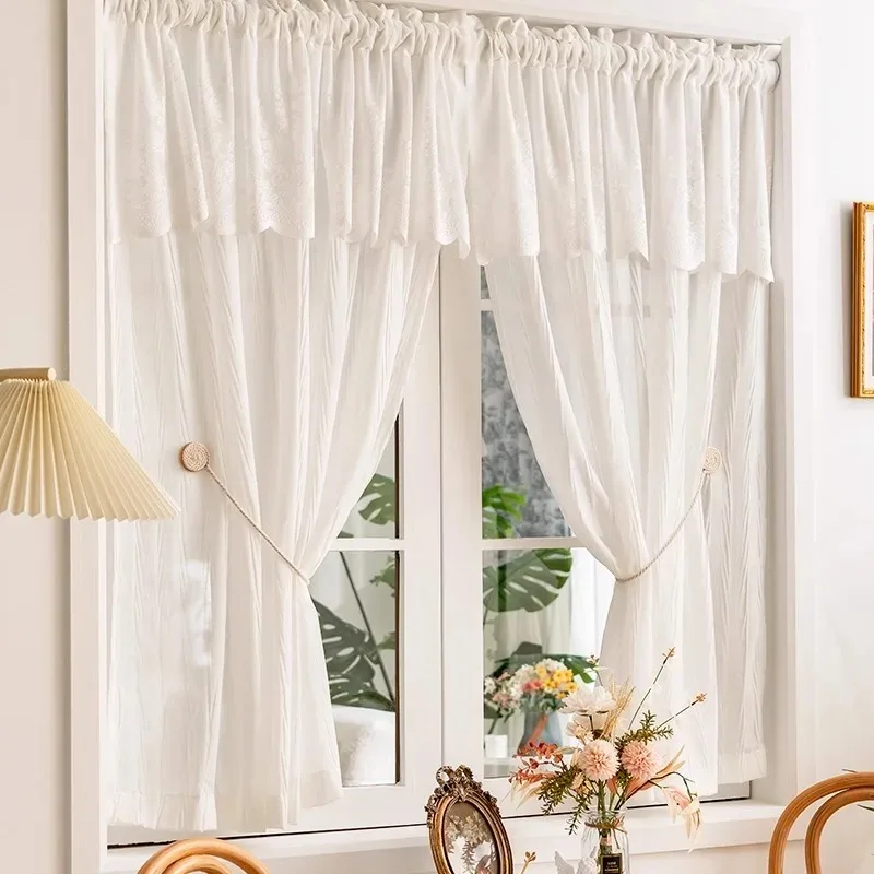 French Light Luxury Wrinkled Gauze Curtains for Living Room Transparent Impermeable Velcro Bedroom Window Partition White Yarn