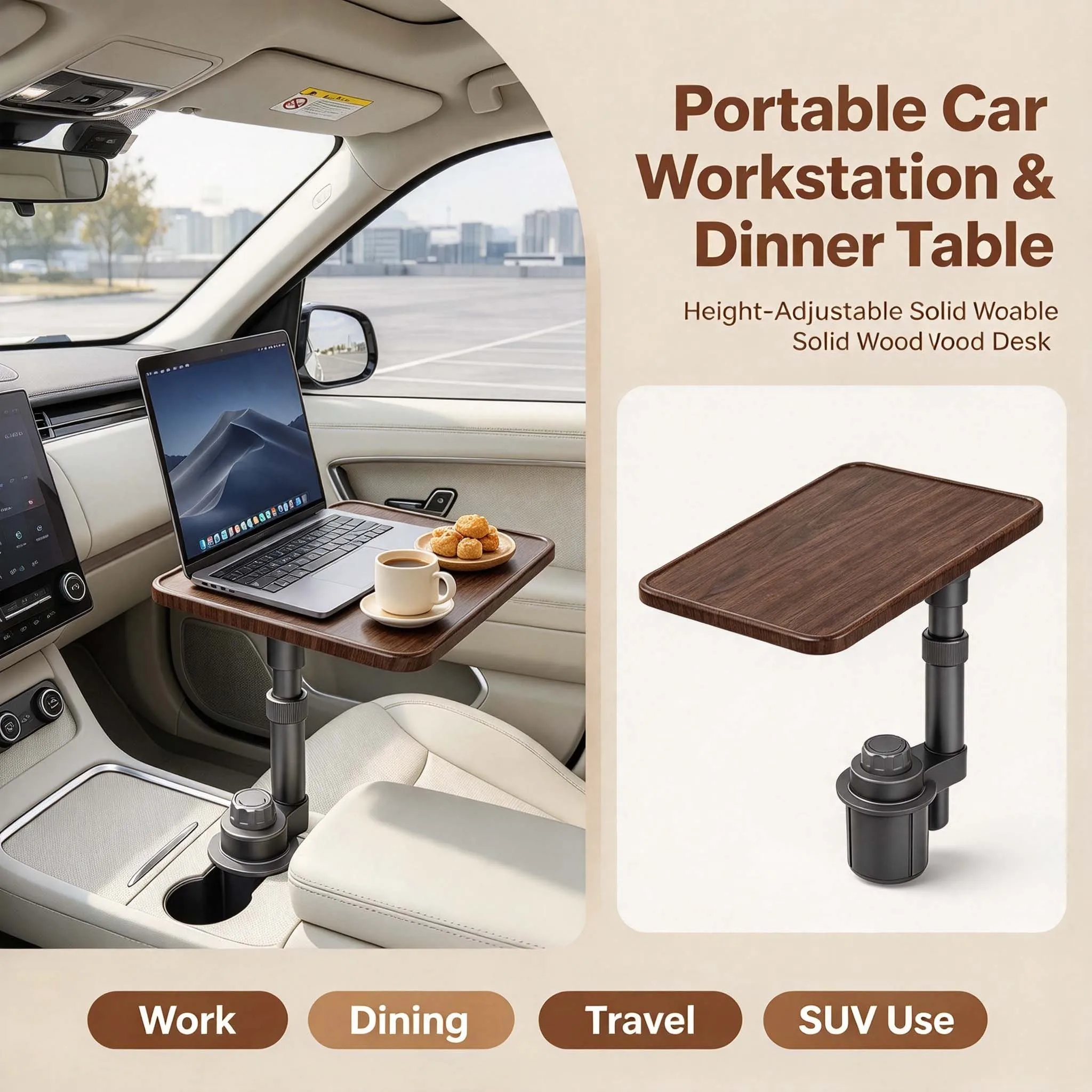 Height-Adjustable Solid Wood Car Laptop Desk 360° Rotating Magnetic Alloy Support Arm Portable Workstation Dinner Table for SUV