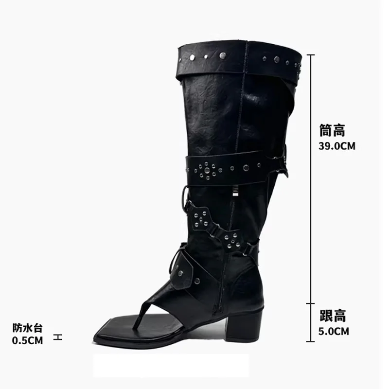 Punk Belt Buckle High Heels Sandals Boots Women Summer Clip Toed Bling Silver Motorcycle High Boots Mid-Calf Western Boots view 6