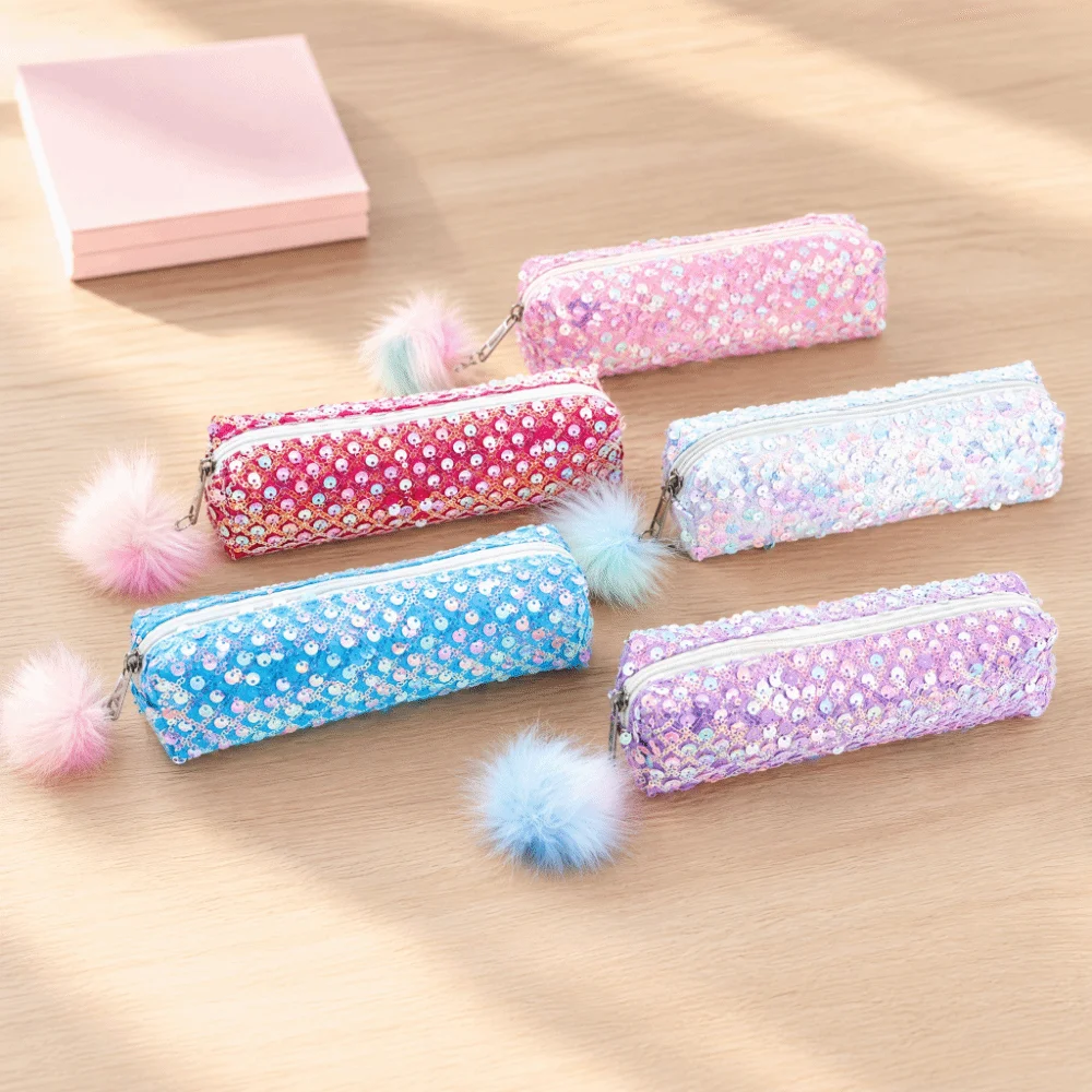 Sequined Sequin Pencil Case Zipper Closure Portable Shiny Pouch Bag Rainbow Colors Durable Sparkle Makeup Bag For Office