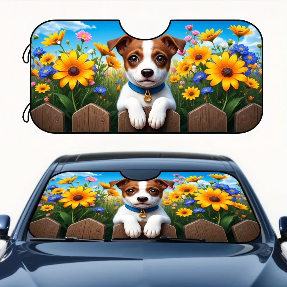 1pc Cute Dog & Floral Garden Car Sunshade - Foldable, Decorative Windshield Cover With Adorable Puppy & Vibrant Sunflowers, Perf
