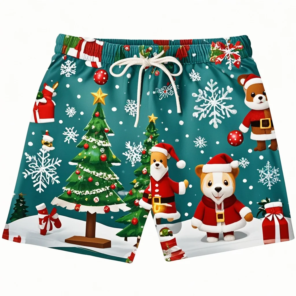 Fashion 3D Merry Christmas Graphic Beach Shorts Santa Claus Xmas Christmas Trees Graphic Swimming Shorts Men Funny Board Shorts