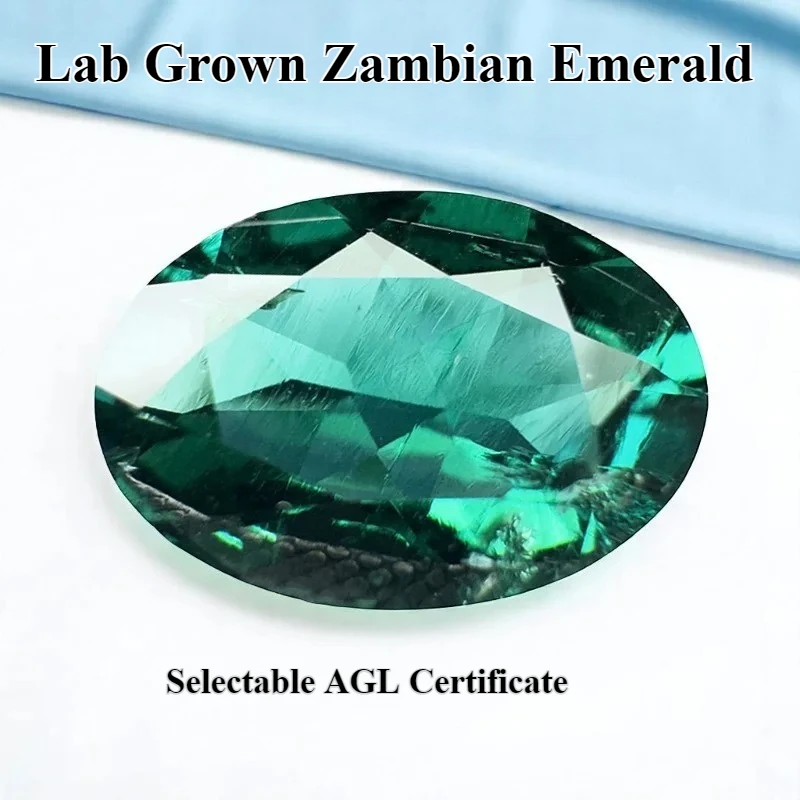 Lab Grown Zambian Emeralds Hydrothermal Hand Cutting Oval Cut with Cracks Inclusions Inside Selectable AGL Certificate