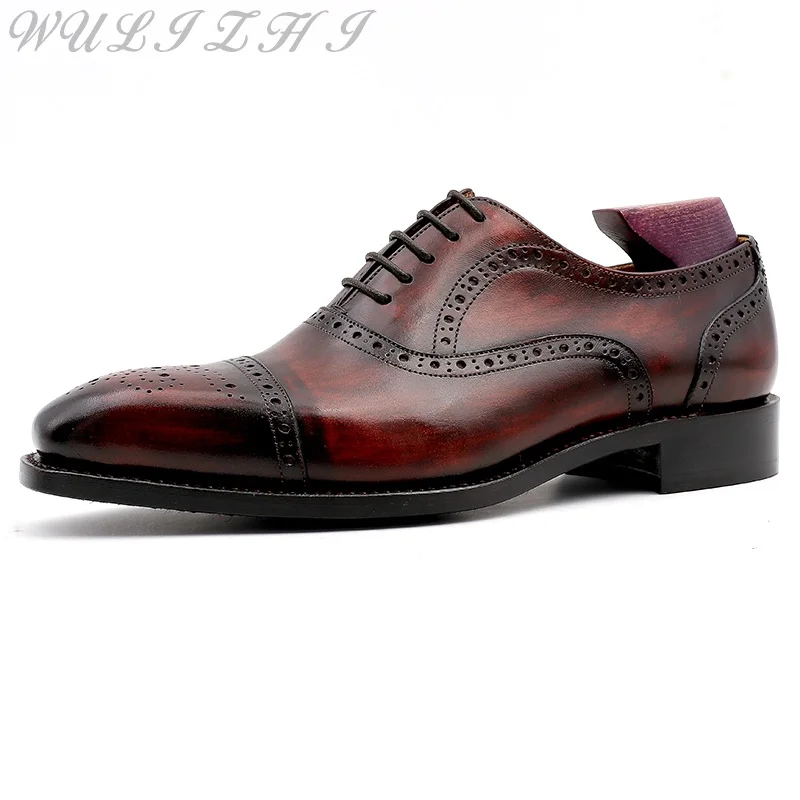 Burgundy Carved Men\'s Leather Shoes Formal Business Versatile Daily Men Shoes Genuine Leather Breathable British Oxford Shoes