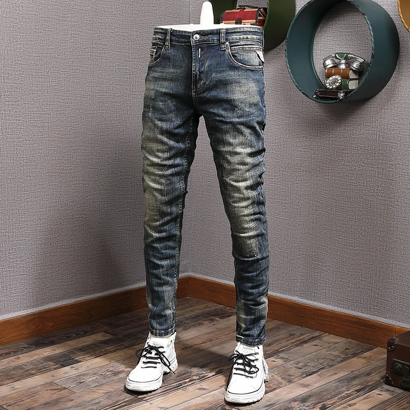 

Italian Style Fashion Men Jeans Retro Washed Blue Stretch Slim Fit Ripped Jeans Men Vintage Designer Casual Denim Pants Hombre