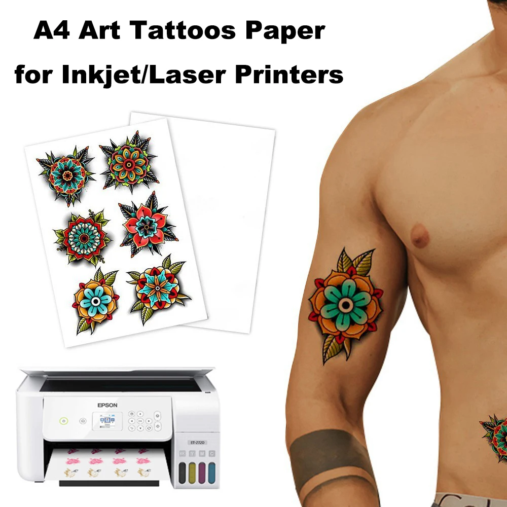 Papel para transferência de água para impressoras a jato e laser, tatuagens artísticas, cores DIY, homens e mulheres, papel A4, 5 folhas