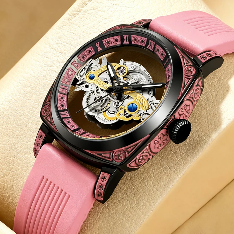 

Мужские спортивные стильные прозрачные кварцевые часы с розовой лентой