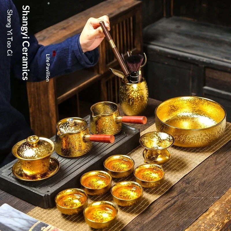 custom.Gold-plated Design Dehua Porcelain High-end Tea Set Complete Set Durable Portable Office Meet