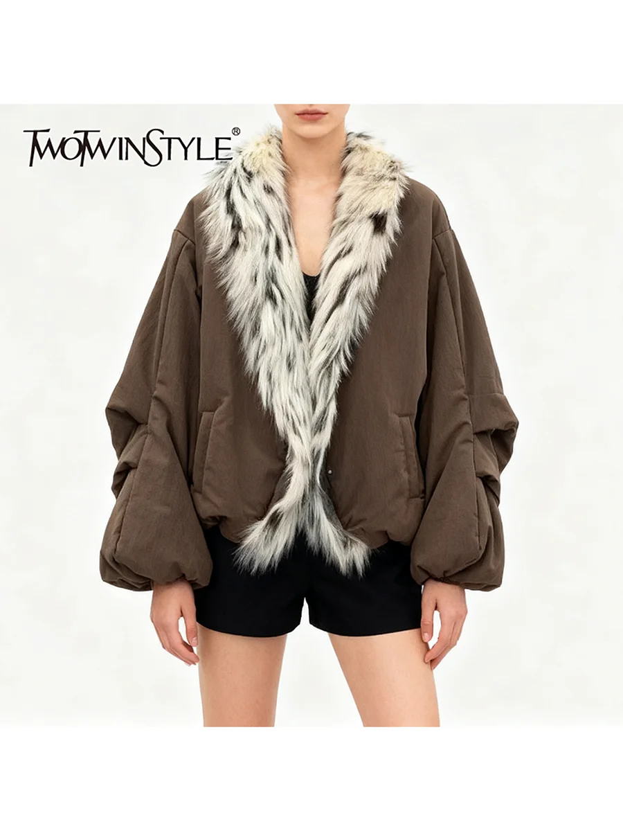 

TWOTWINSTYLE, свободные повседневные куртки из сращенного меха для женщин, v-образный вырез, длинные рукава, лоскутная складная куртка, женская осенняя одежда, новинка