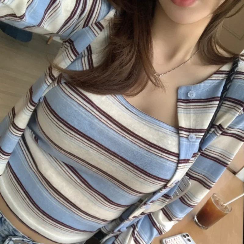 Chic Comfortable Striped Long Sleeve Slim Fit Vest Top Set New Arrival Fashionable Open Cardigan Two Piece Women's Outfit