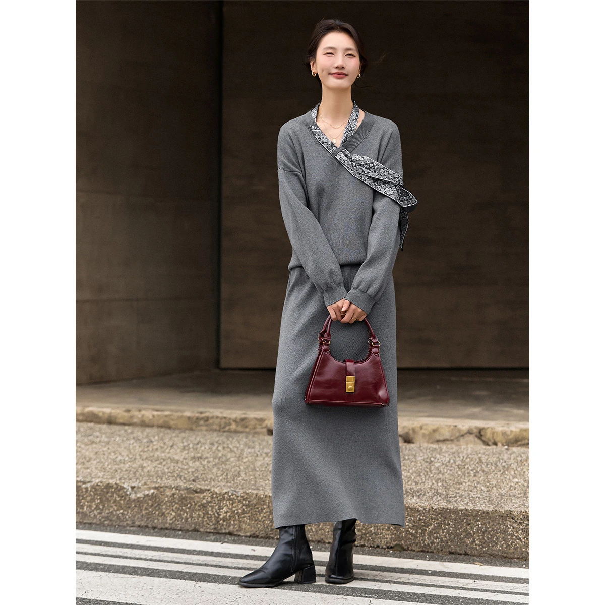 VIMLY النساء متماسكة تنورة مجموعات ركاب الخامس وشاح للرقبة كم كامل بلايز ألف خط التنانير الطويلة الشتاء لينة السيدات قطعتين مجموعة 30503