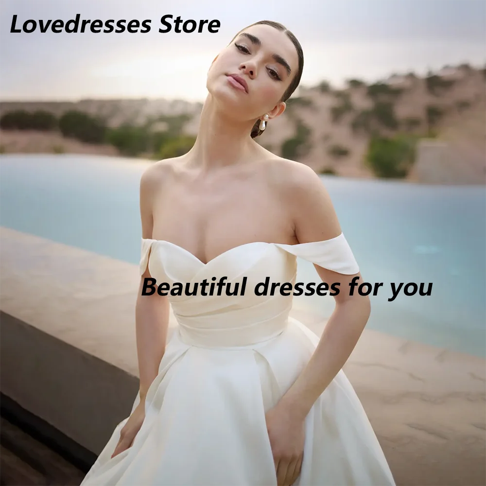 

Hot Sale Wedding Dress Customized Sweetheart Pleat Off Shoulder Buttons Sweep Train Satin Bridal Gown for Woman Bride 2025