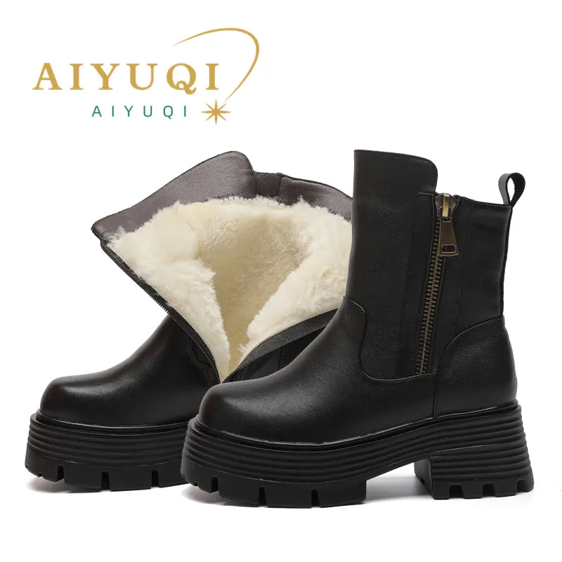 AIYUQI Women Boots Platform Large Size Thick Sole Fashion Women Winter Boots Thick Wool Warm Genuine Leather Women Ankle Boots