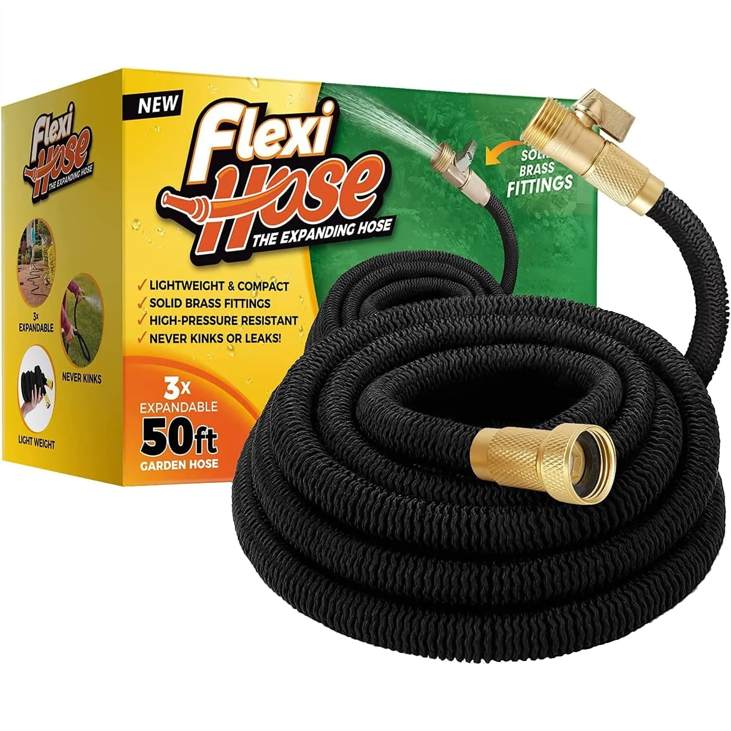 

Expandable Garden Hose 50FT with Solid Brass Fittings, Lightweight Retractable Water Hose No-Kink