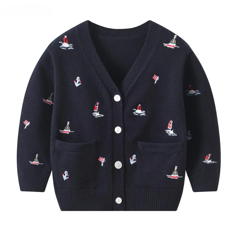 

2024 Children Boys Sailboat Embroidery V-neck Knitted Sweater Infants Warm Knitwear Kids Boy Knit Cardigan for Autumn Winter