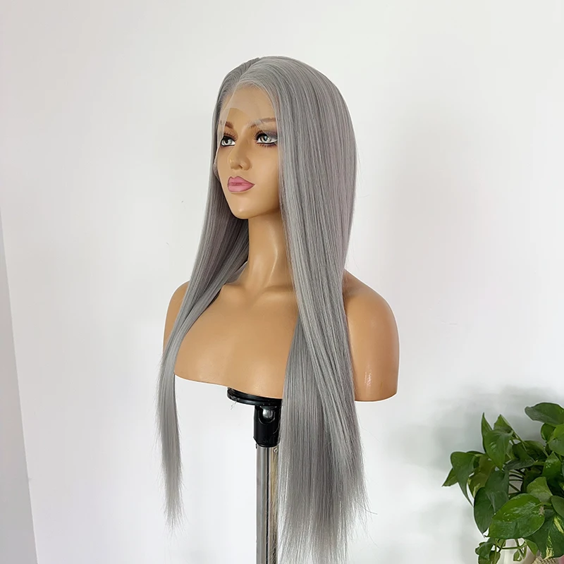 Gray Wig Lace Front Women 26 Inches 13*4 HD Lace Front Wigs Long Straight Natural Looking Synthetic Lace Front Wig for Cosplay