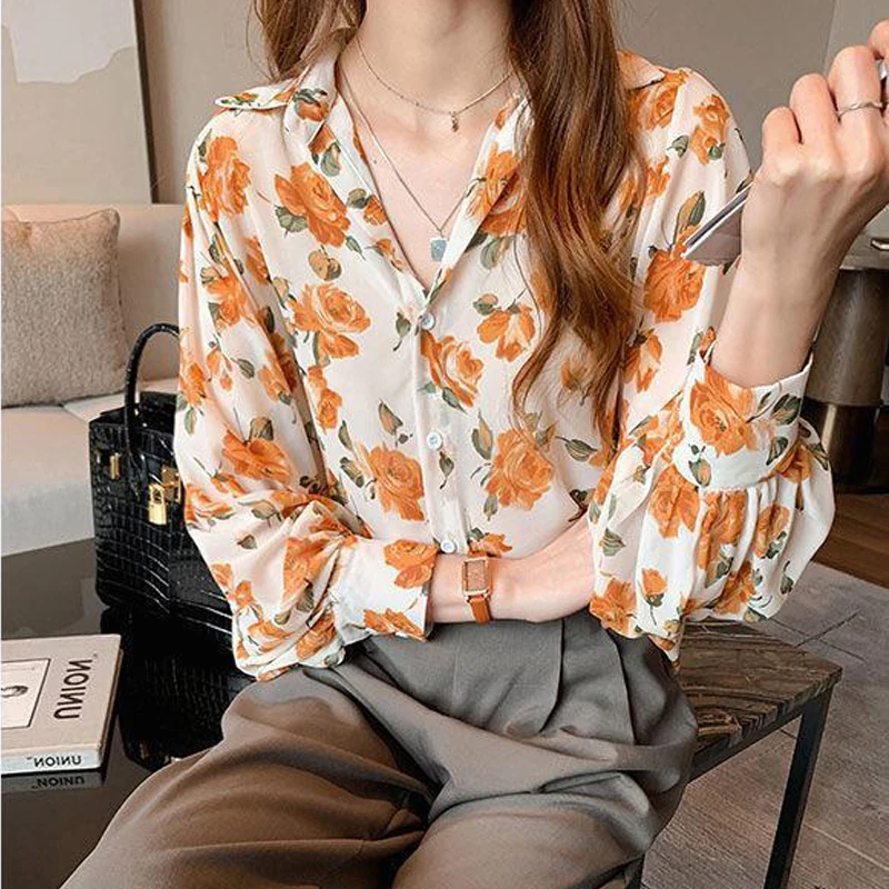 Womens Trendy Vintage Floral Print Button Up Shirt Spring Autumn Korean Elegant Chic Blouse Long Sleeve Loose Tops Casual Blusas