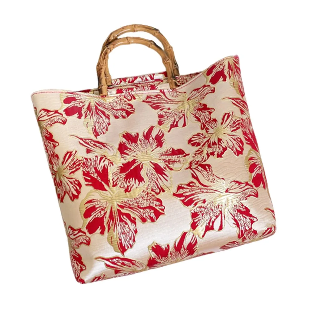 

Холщовая сумка-тоут с бамбуковым узором, на молнии, с вышивкой, в китайском стиле, с цветочным узором, большая вместительная вечерняя сумка