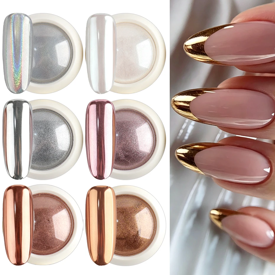 6pcs Mirror Chrome Nail Powder Holographic Gold Silver Mirror Dust Pearl White Metallic Pigment Powder Nail Glitter Manicure