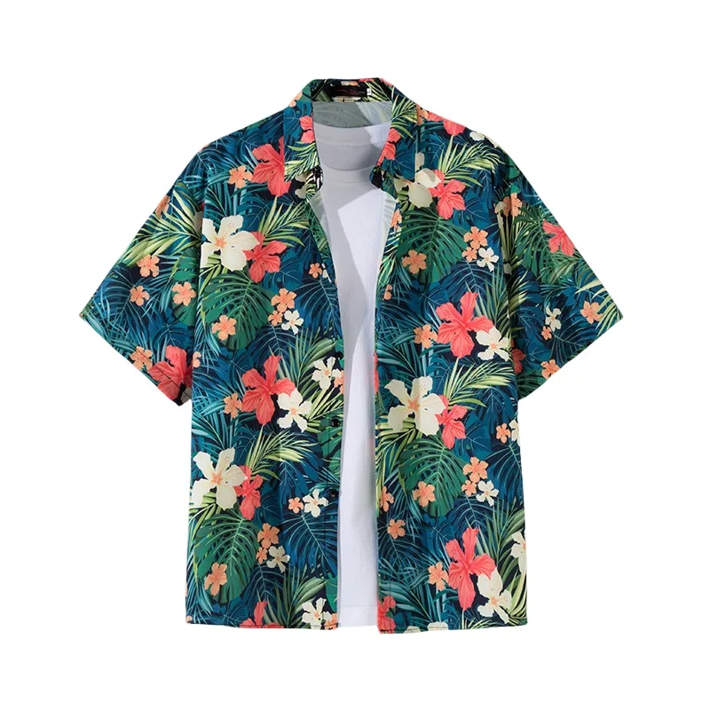 Men's Summer Retro Travel Seaside Vacation Short Sleeve Floral Shirt Loose Casual Handsome Hawaiian Beach Flower Shirt Jacket