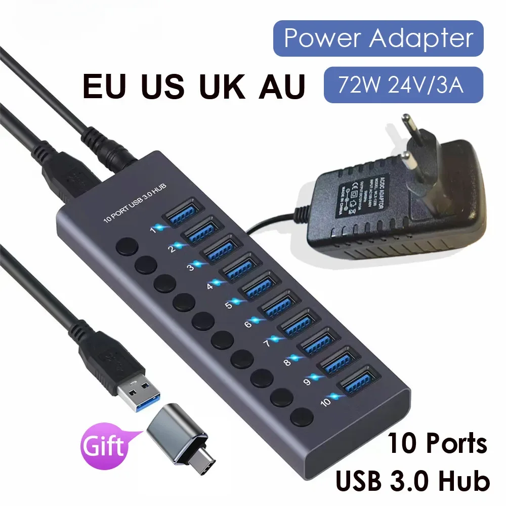 

Aluminum 4/7/10 Ports USB 3.0 hub with Charging Function, 36W/72W Power Adapter,Individual Power swiches，For tablets