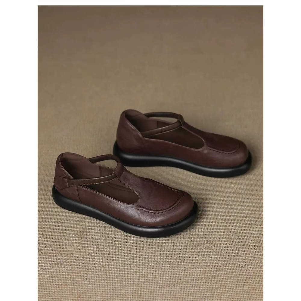 Vintage schokoladenbraune Mary-Jane-Slipper mit runder Zehenpartie, Slip-On-Loafer aus weichem Leder, bequeme Freizeitschuhe, rückenfreie Pantoletten, Streetwear – Detail 4