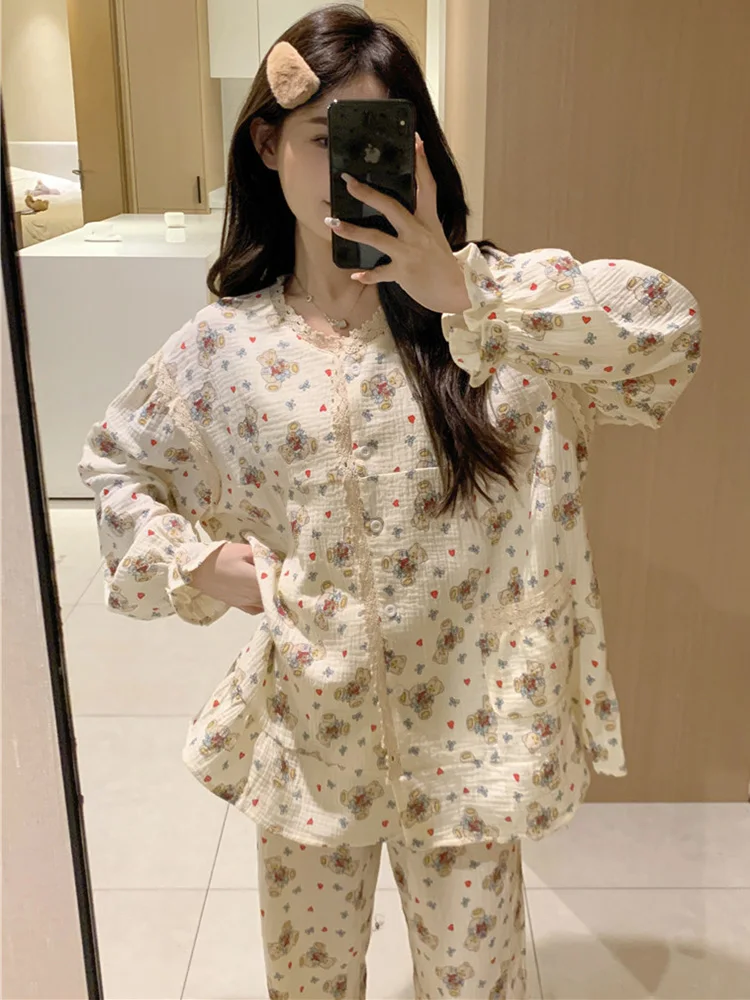 Bear Cartoon Cute Soft Cotton Winter Autumn Home Long Sleeve Pajama Set Women Elegant Casual Sweet NightDress Pattern Kawaii Ins