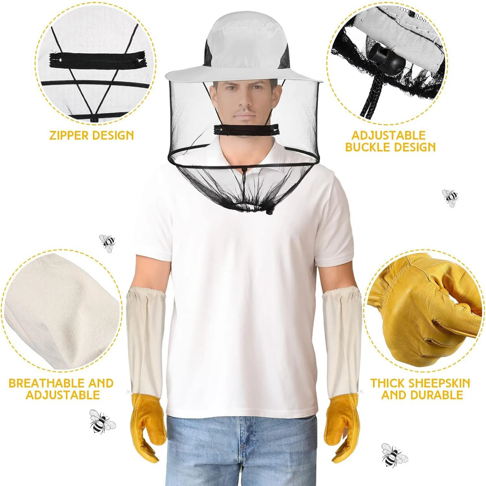 Beekeeping Zipper Drawstring Veil Hat with Thick Palm Breathable Cuffs Gloves Beekeepers Protective Gear Sets