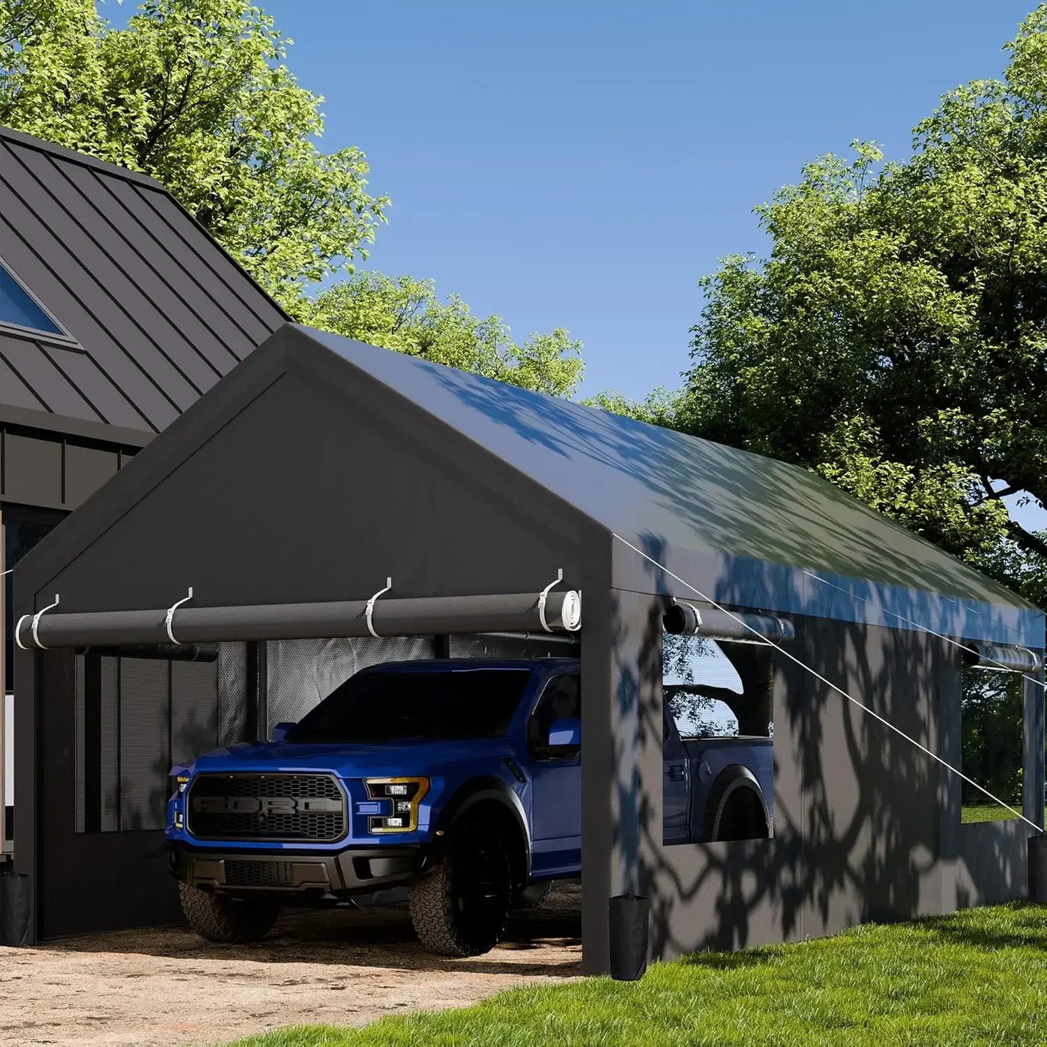 Carport, Carport resistente de 12x20 pies con ventanas enrolladas, garaje portátil con paredes laterales y puertas extraíbles, dosel para coche, barco