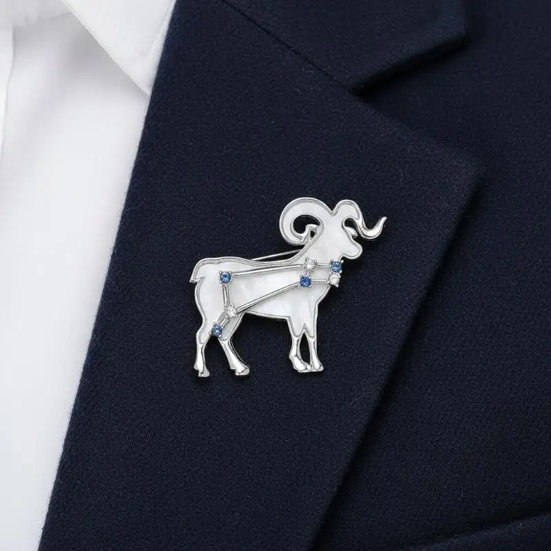 Aries Zodiac Brooch Exquisite Goat Design Shiny Rhinestone Decor Sturdy Alloy Pin for Suit Scarf Birthday Party Accessory