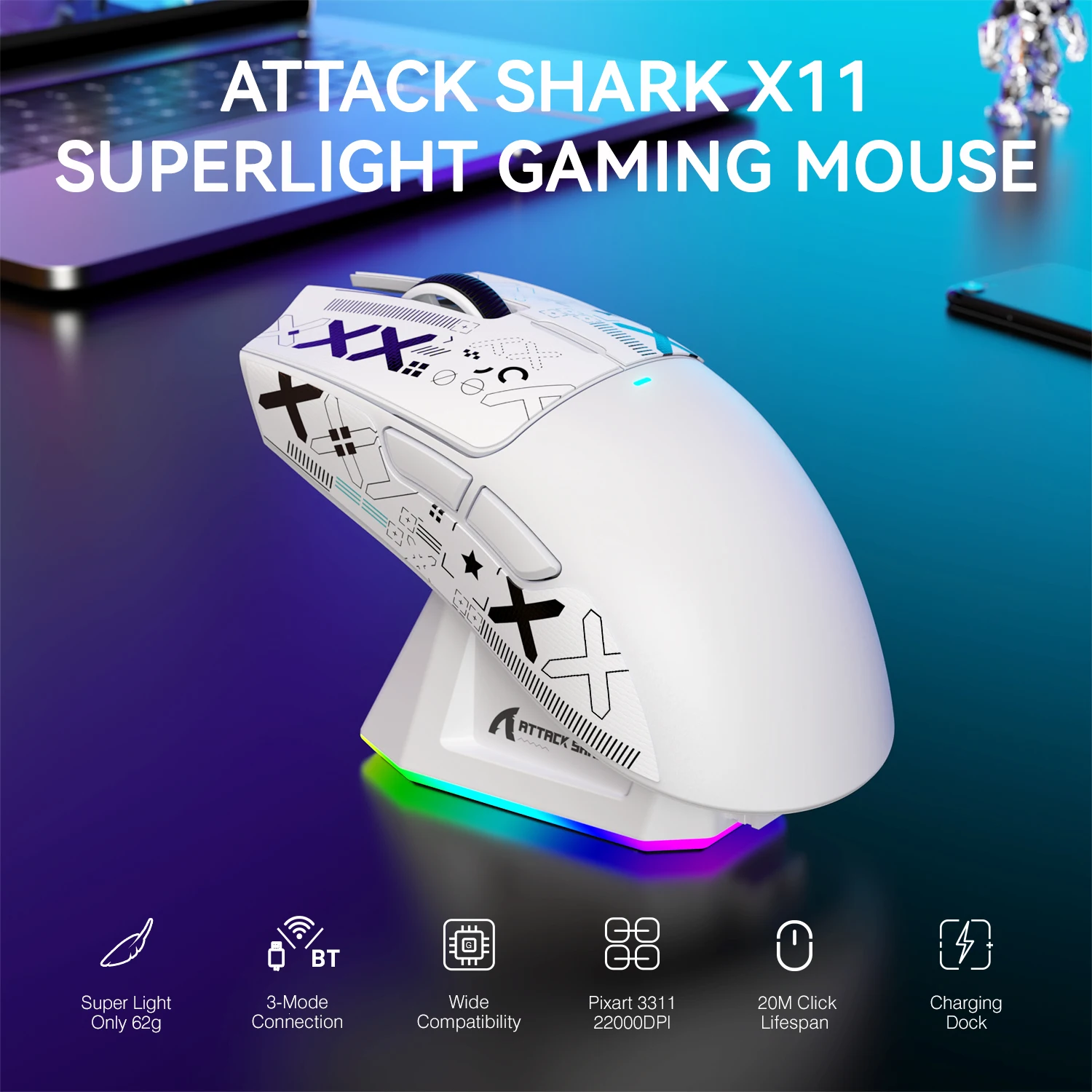 ATTACK SHARK X11 Lightweight Wireless Gaming Mouse with RGB Charging Dock,Tri-Mode-2.4G/USB-C Wired/BT,22K DPI,PAW3311 Optical S