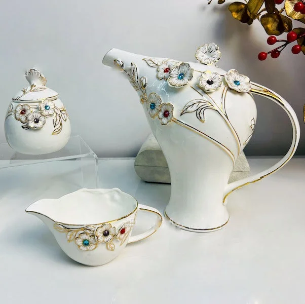 Surface Inlaid Diamond Coffee Set Living Room Bone Porcelain Coffee Cup Dish Pot Sugar Cup Milk Can Milk Pot