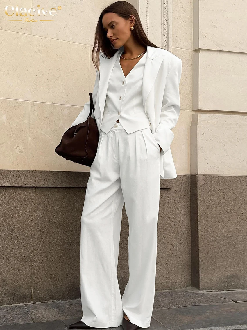 Clacive Fashion Loose White Office Pants Sets For Women 3 Pieces Elegant Long Sleeve Blazer + Tank Top With Wide Trousers Suits