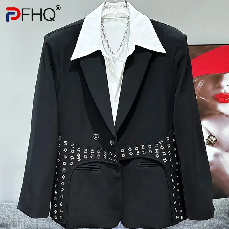 

PFHQ Men's Suit Jackets Handsome Rivet Metal Splicing Shoulder Pad Loose Summer Male Blazers Personality Niche Design 21Z4477