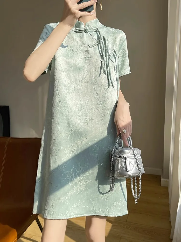 ชุดเดรสผ้าซาตินสไตล์วินเทจสำหรับผู้หญิง ลายปักแบบจีนโบราณ  สำหรับใส่ในชีวิตประจำวัน