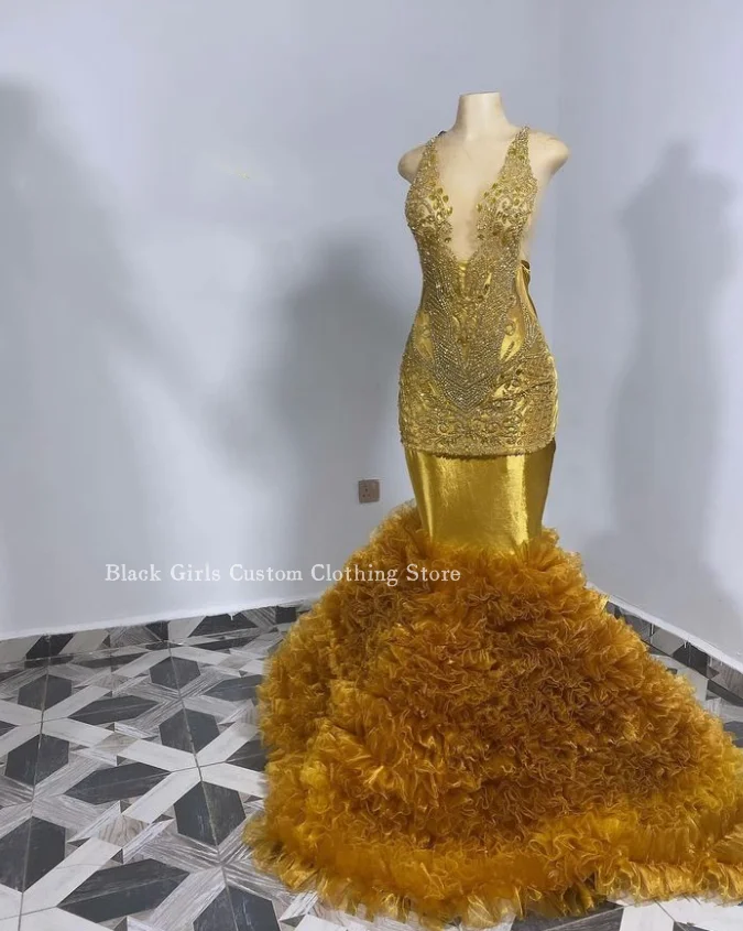 Gold Lace Mermaid Prom Dress 2024 Sexy V Neck Beaded Applique Satin Cake Dress vestidos de fiestas elegantes mujer